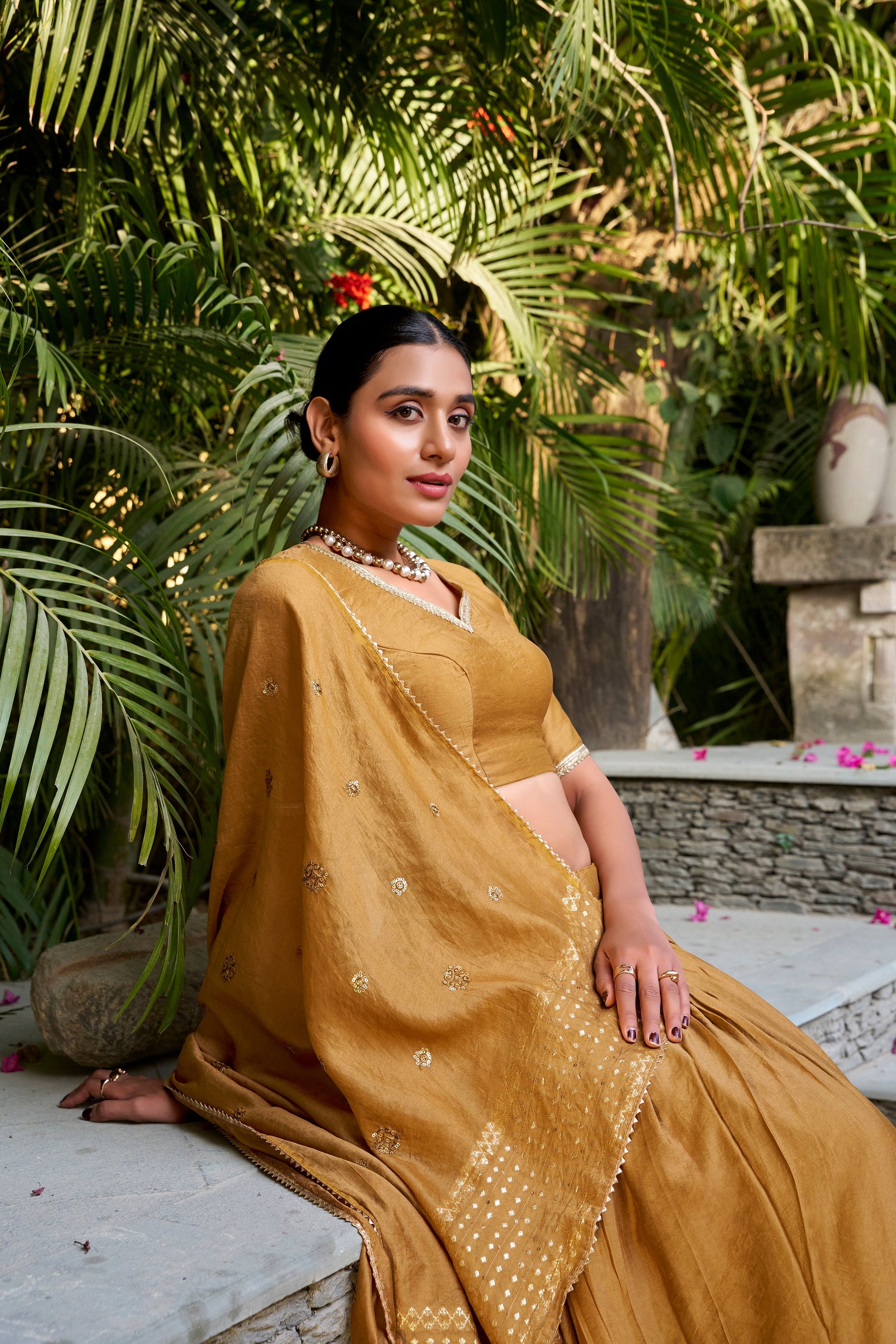 Lorenvalley Mustard Pure Chanderi Plain With Zari Weaving Work Border Lehenga Choli 