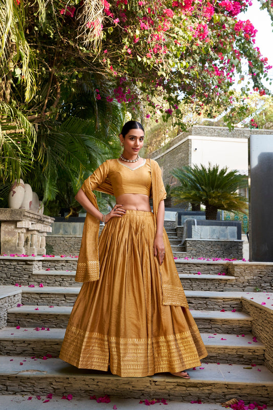 Lorenvalley Mustard Pure Chanderi Plain With Zari Weaving Work Border Lehenga Choli 
