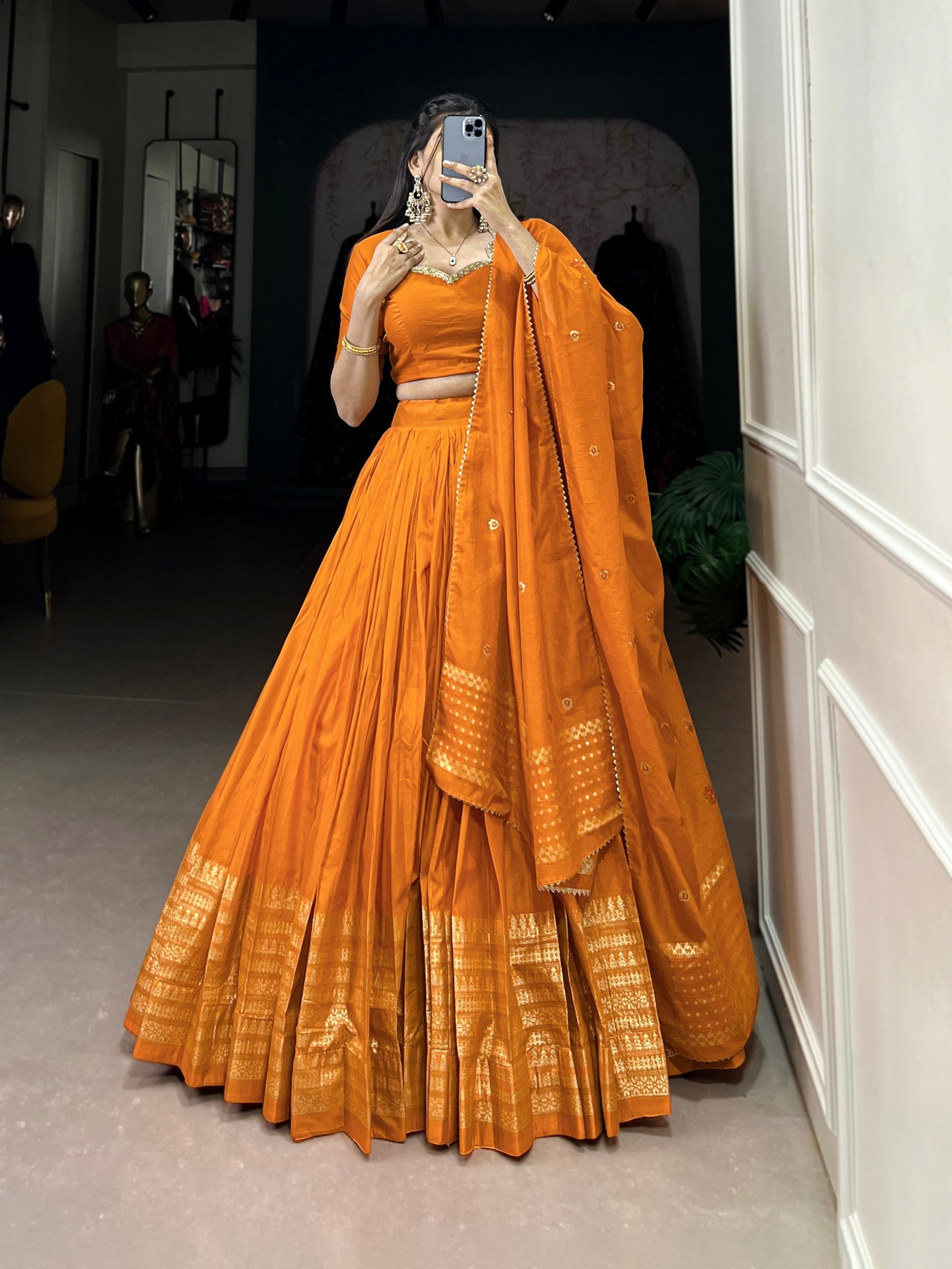 Lorenvalley Fashion Orange Pure Chanderi Plain With Zari Weaving Work Border Lehenga Choli with Dupatta 