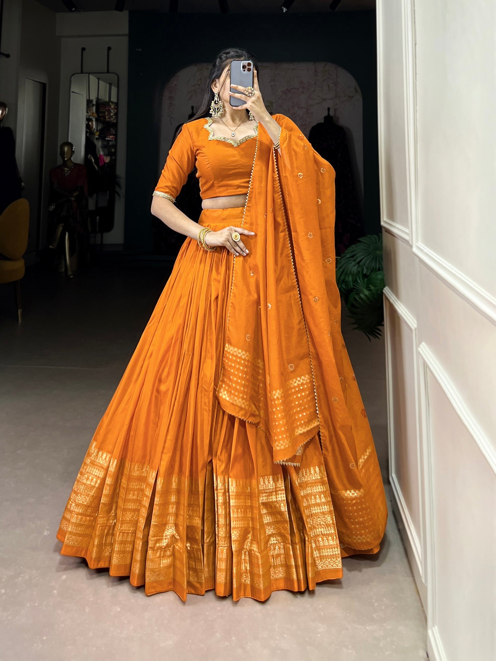 Lorenvalley Fashion Orange Pure Chanderi Plain With Zari Weaving Work Border Lehenga Choli with Dupatta 