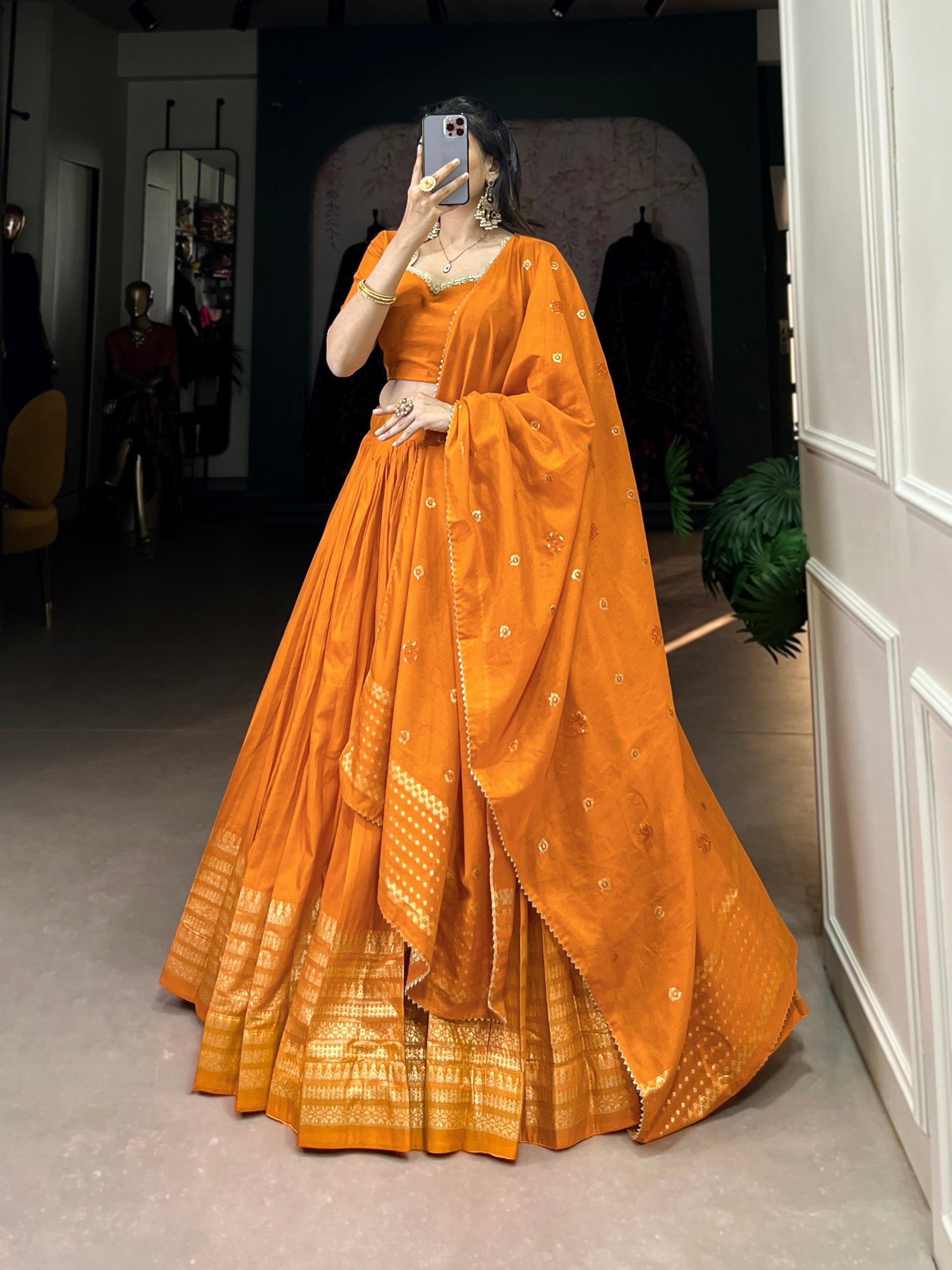 Lorenvalley Fashion Orange Pure Chanderi Plain With Zari Weaving Work Border Lehenga Choli with Dupatta 