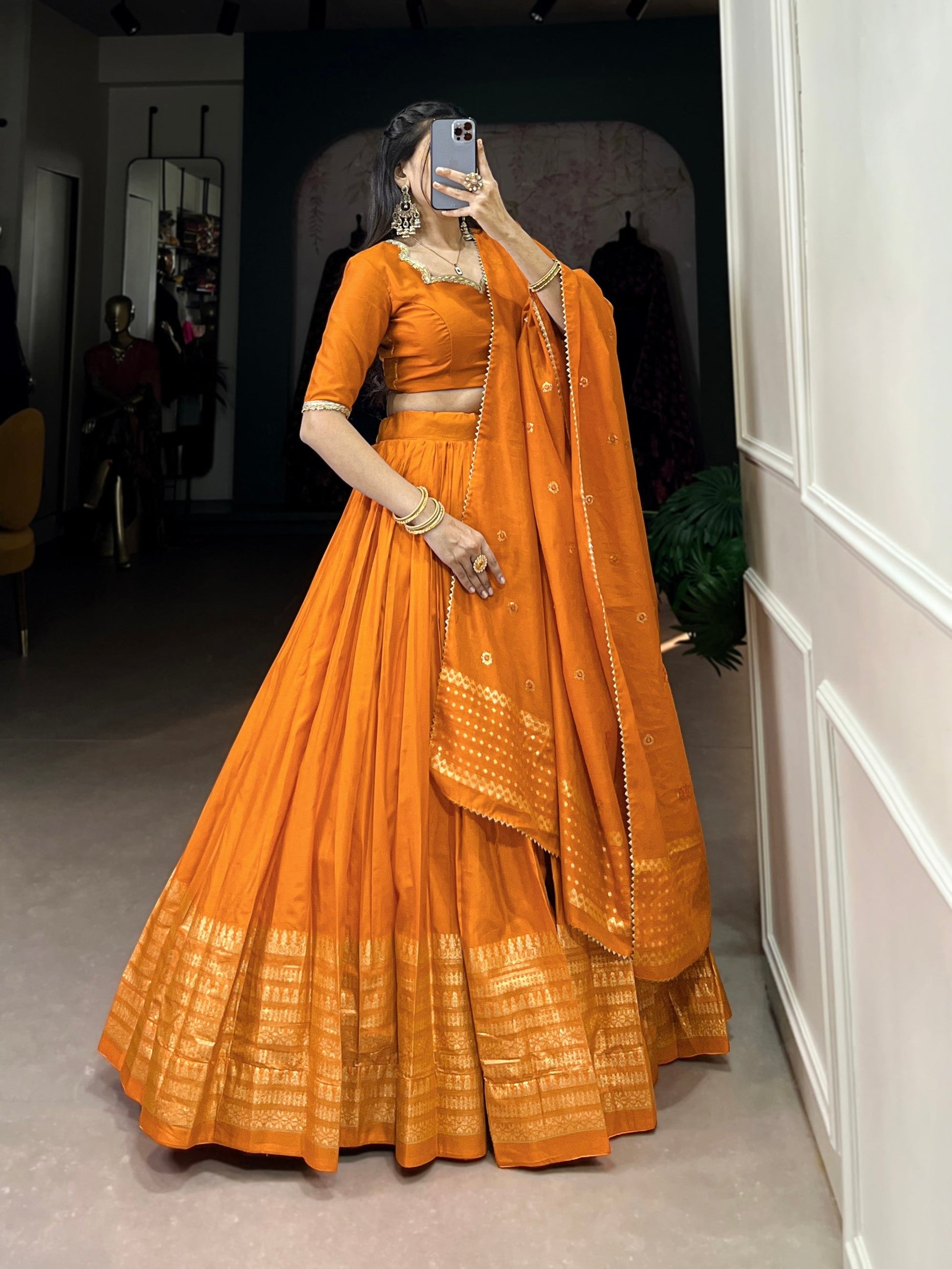 Lorenvalley Fashion Orange Pure Chanderi Plain With Zari Weaving Work Border Lehenga Choli with Dupatta 
