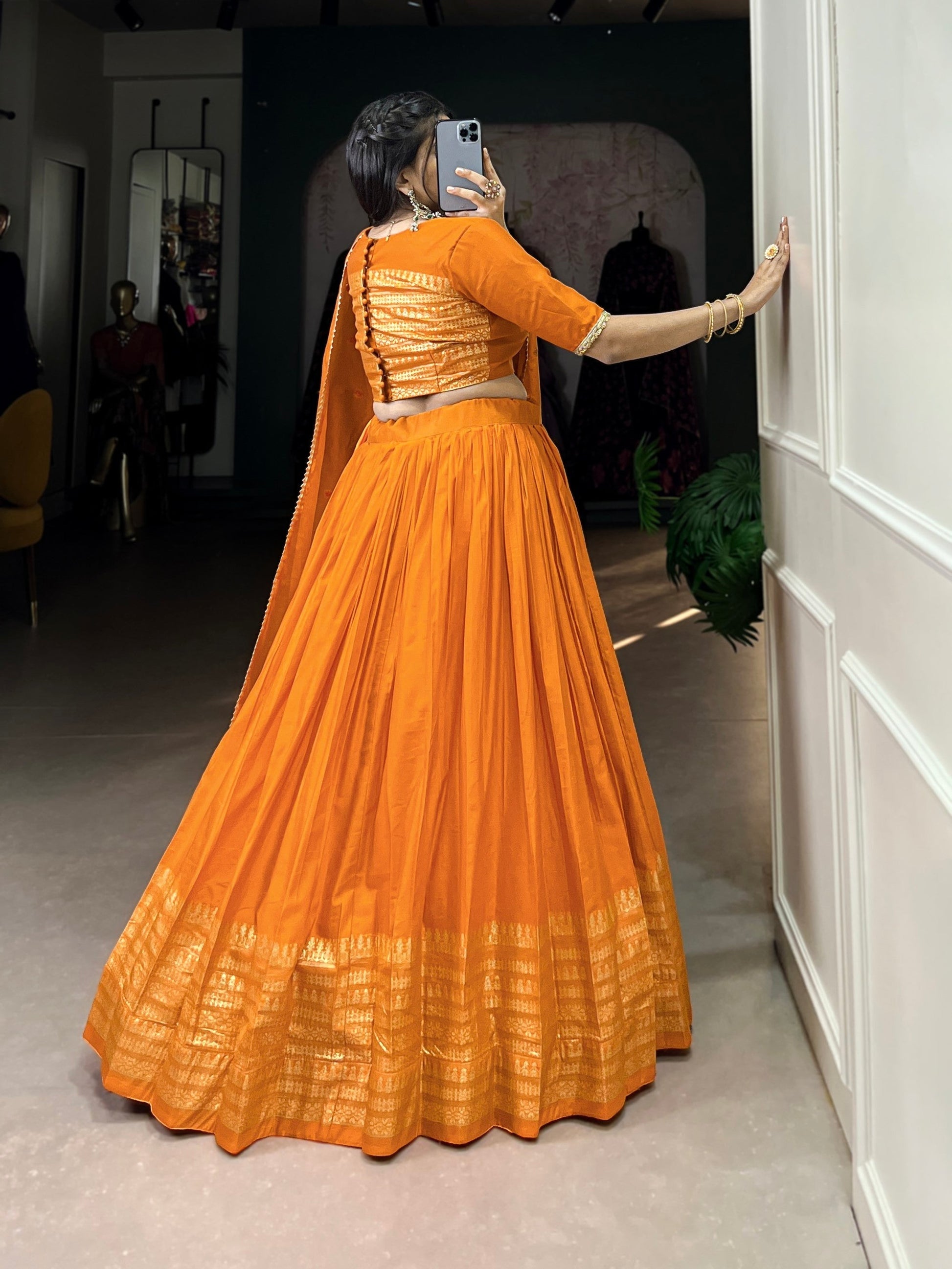 Lorenvalley Fashion Orange Pure Chanderi Plain With Zari Weaving Work Border Lehenga Choli with Dupatta 