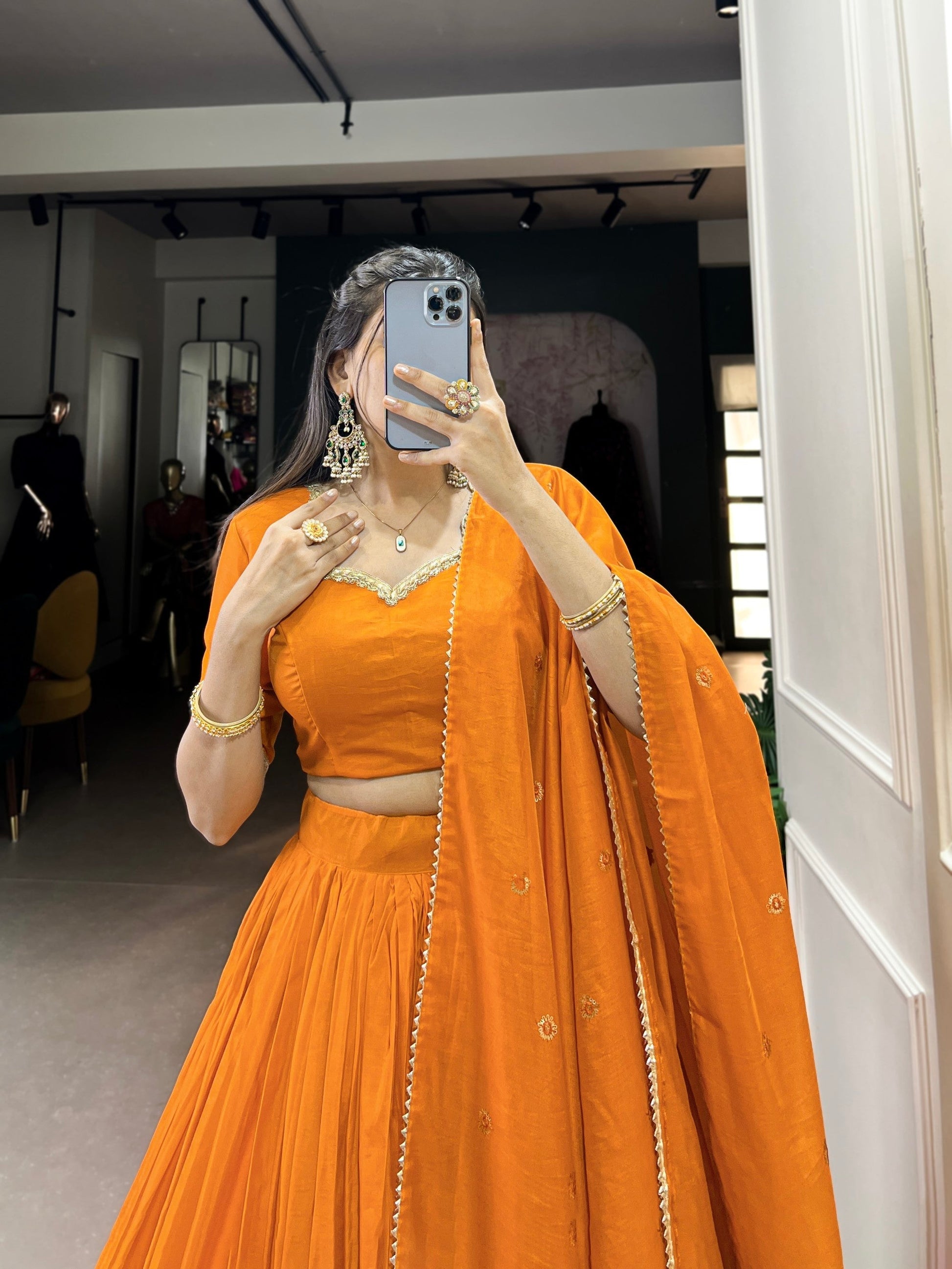 Lorenvalley Fashion Orange Pure Chanderi Plain With Zari Weaving Work Border Lehenga Choli with Dupatta 