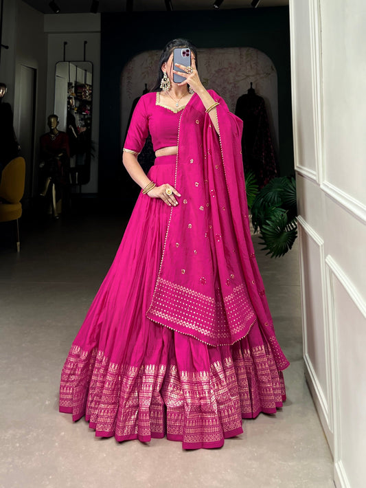 Lorenvalley Fashion Pink Pure Chanderi Plain With Zari Weaving Work Border Lehenga Choli with Dupatta 