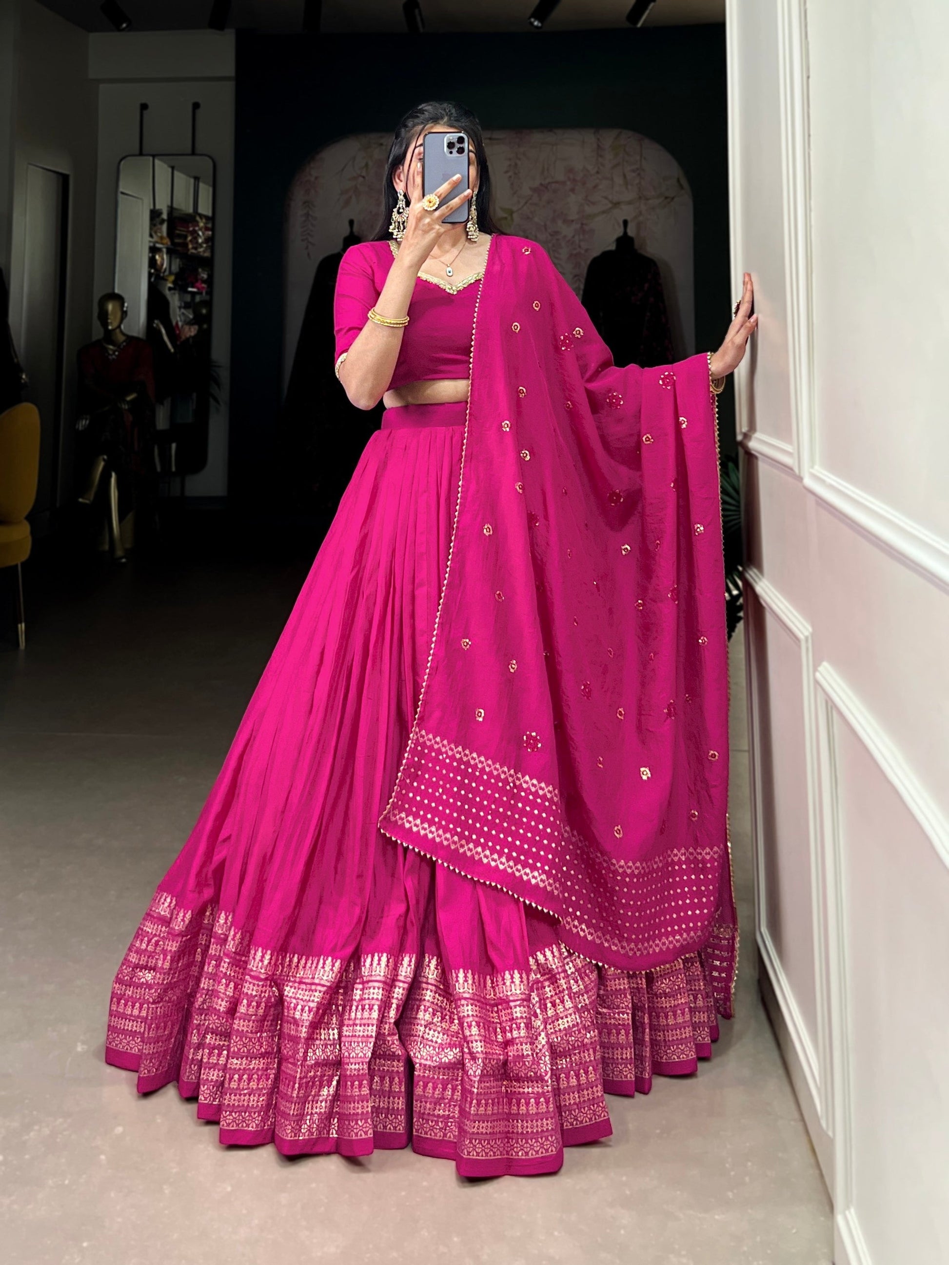Lorenvalley Fashion Pink Pure Chanderi Plain With Zari Weaving Work Border Lehenga Choli with Dupatta 