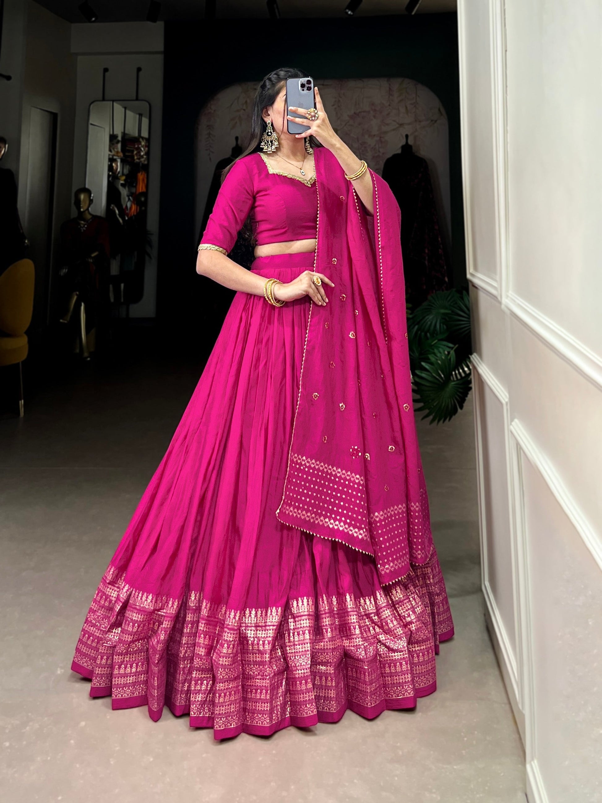 Lorenvalley Fashion Pink Pure Chanderi Plain With Zari Weaving Work Border Lehenga Choli with Dupatta 