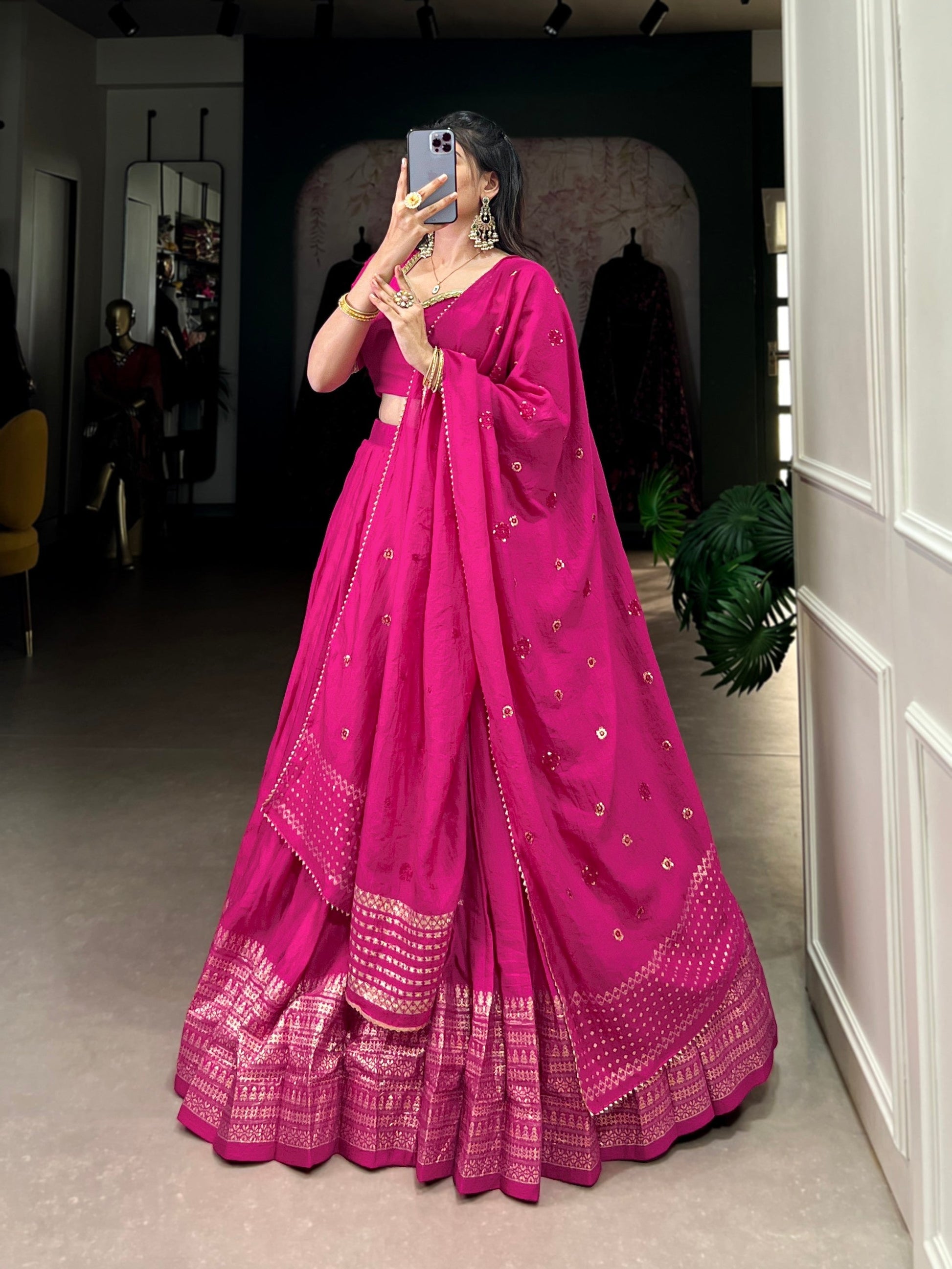 Lorenvalley Fashion Pink Pure Chanderi Plain With Zari Weaving Work Border Lehenga Choli with Dupatta 