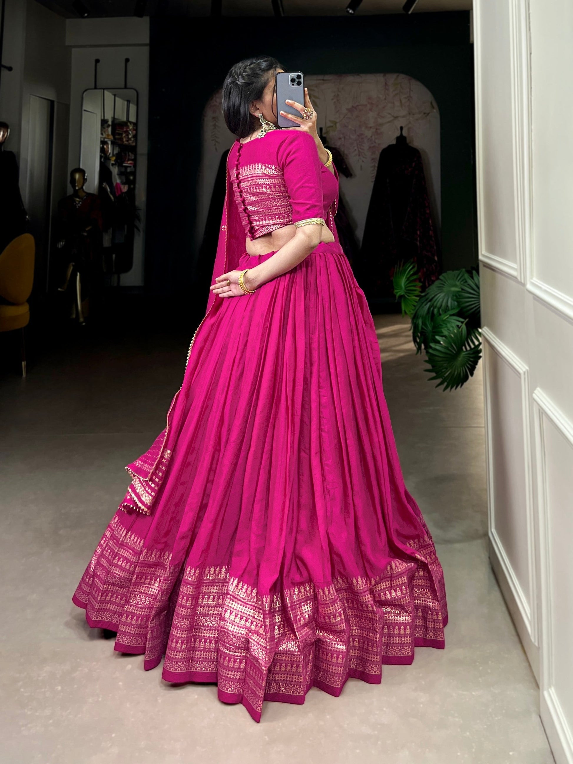 Lorenvalley Fashion Pink Pure Chanderi Plain With Zari Weaving Work Border Lehenga Choli with Dupatta 