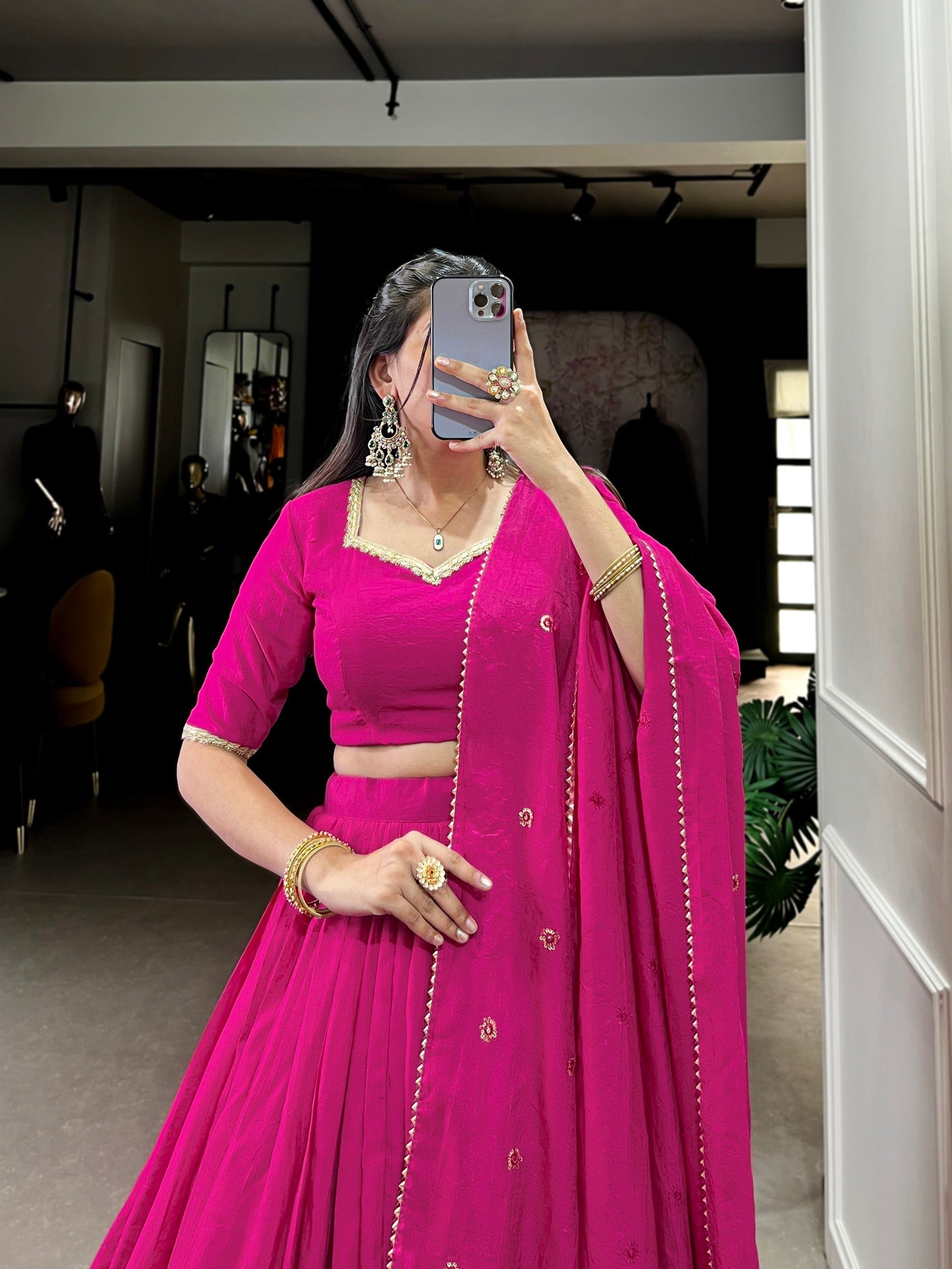 Lorenvalley Fashion Pink Pure Chanderi Plain With Zari Weaving Work Border Lehenga Choli with Dupatta 