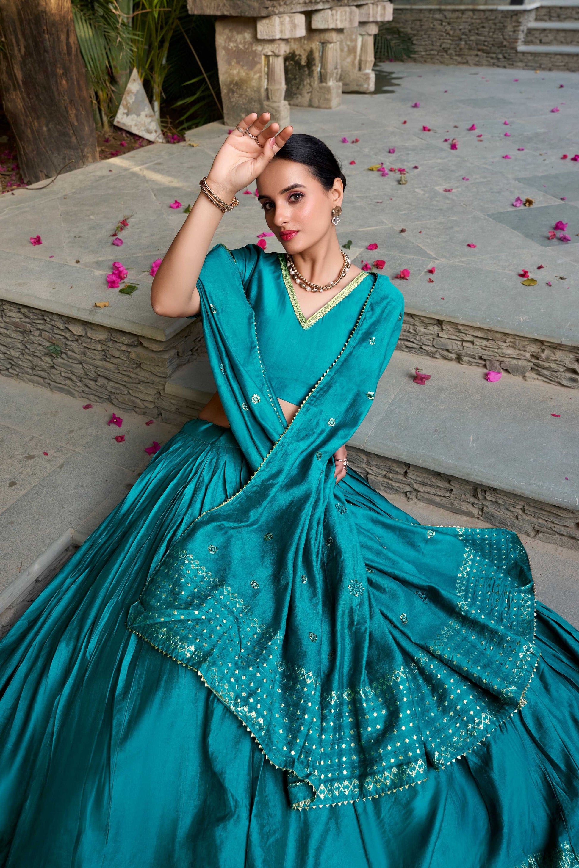 Evanik Women Pure Chanderi Plain With Zari Weaving Work Border Stitched Lehenga With Unstitched Blouse Dupatta