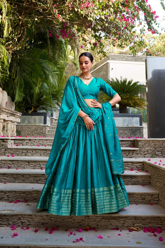 Lorenvalley Fashion Skyblue Pure Chanderi Plain With Zari Weaving Work Border Lehenga Choli with Dupatta 