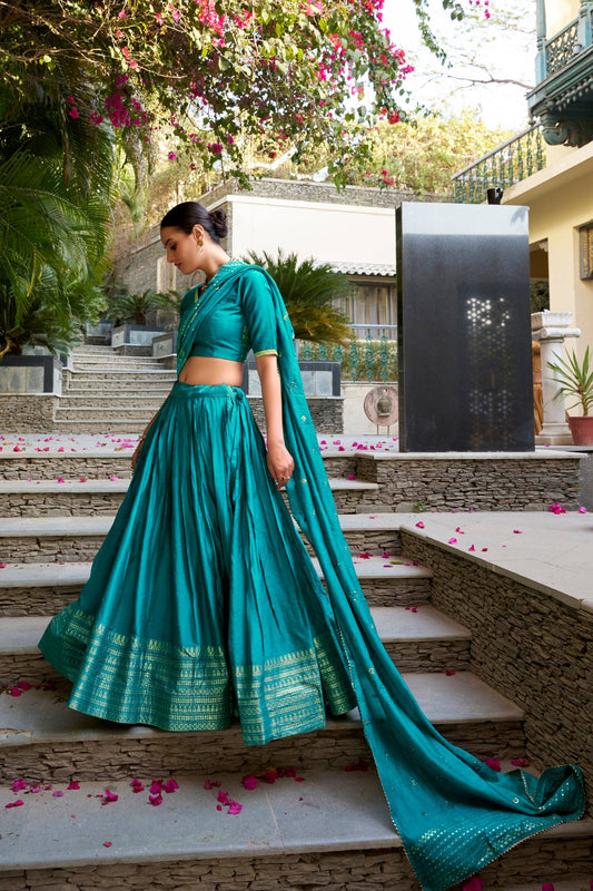 Lorenvalley Fashion Skyblue Pure Chanderi Plain With Zari Weaving Work Border Lehenga Choli with Dupatta 