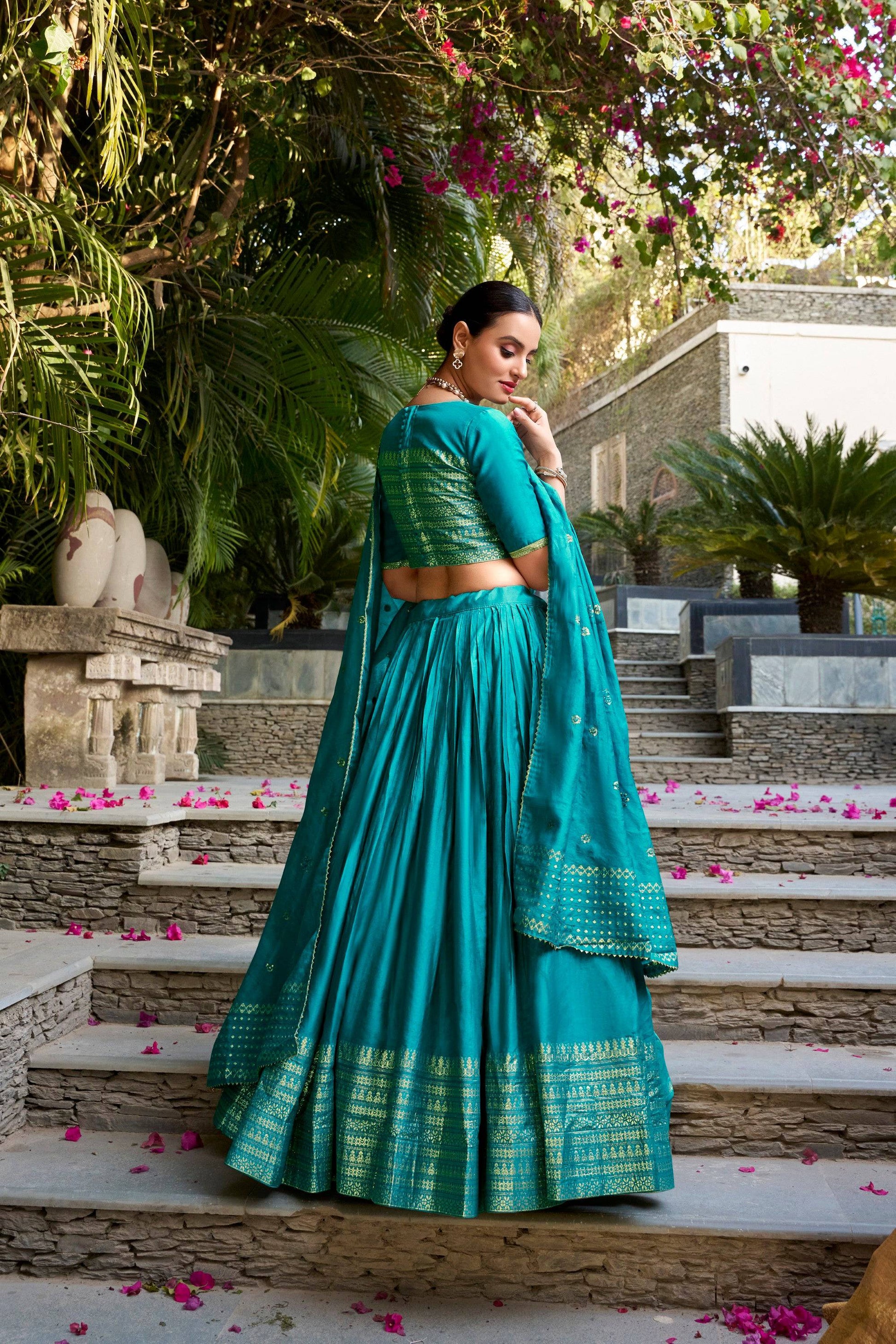 Lorenvalley Fashion Skyblue Pure Chanderi Plain With Zari Weaving Work Border Lehenga Choli with Dupatta 