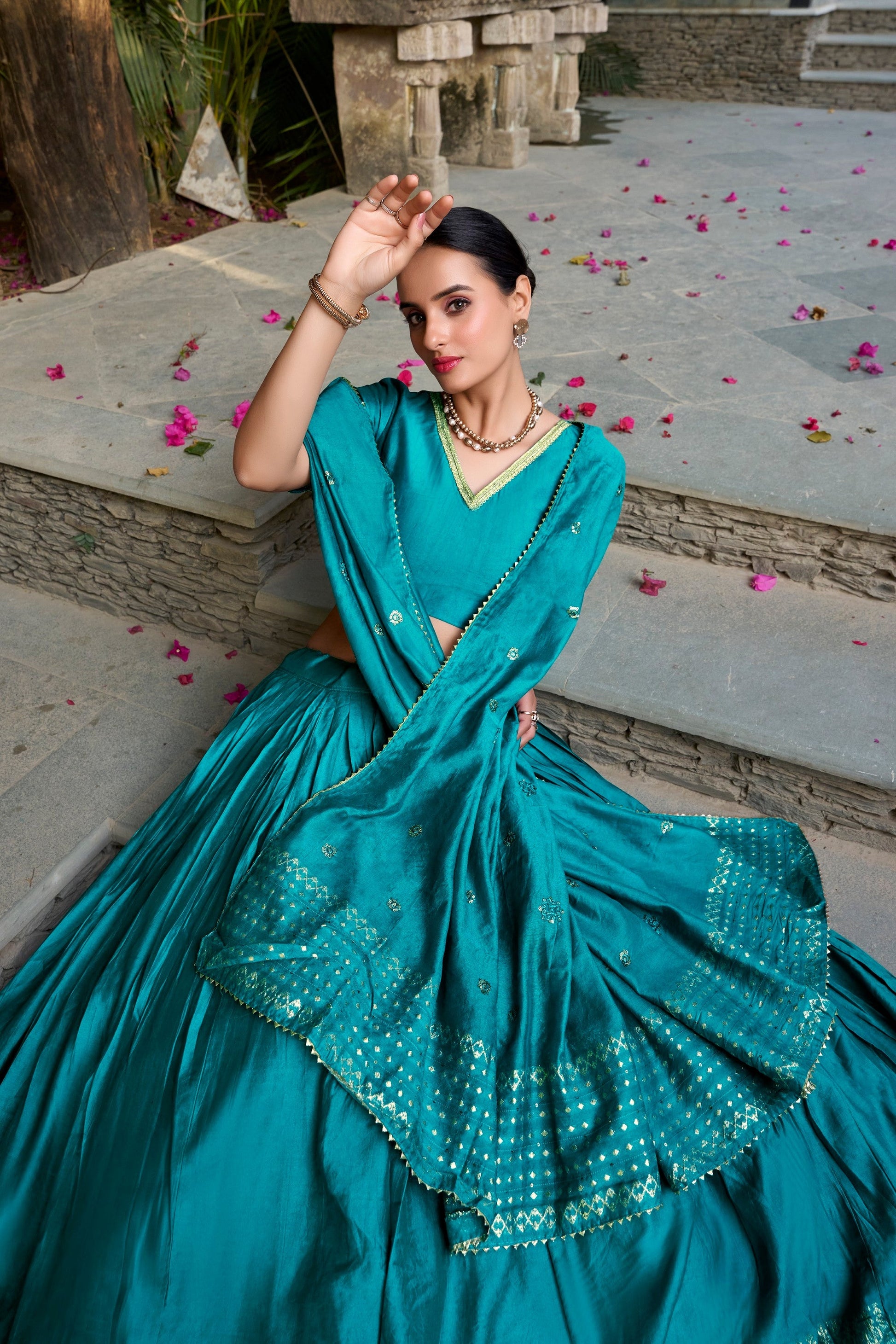 Lorenvalley Fashion Skyblue Pure Chanderi Plain With Zari Weaving Work Border Lehenga Choli with Dupatta 