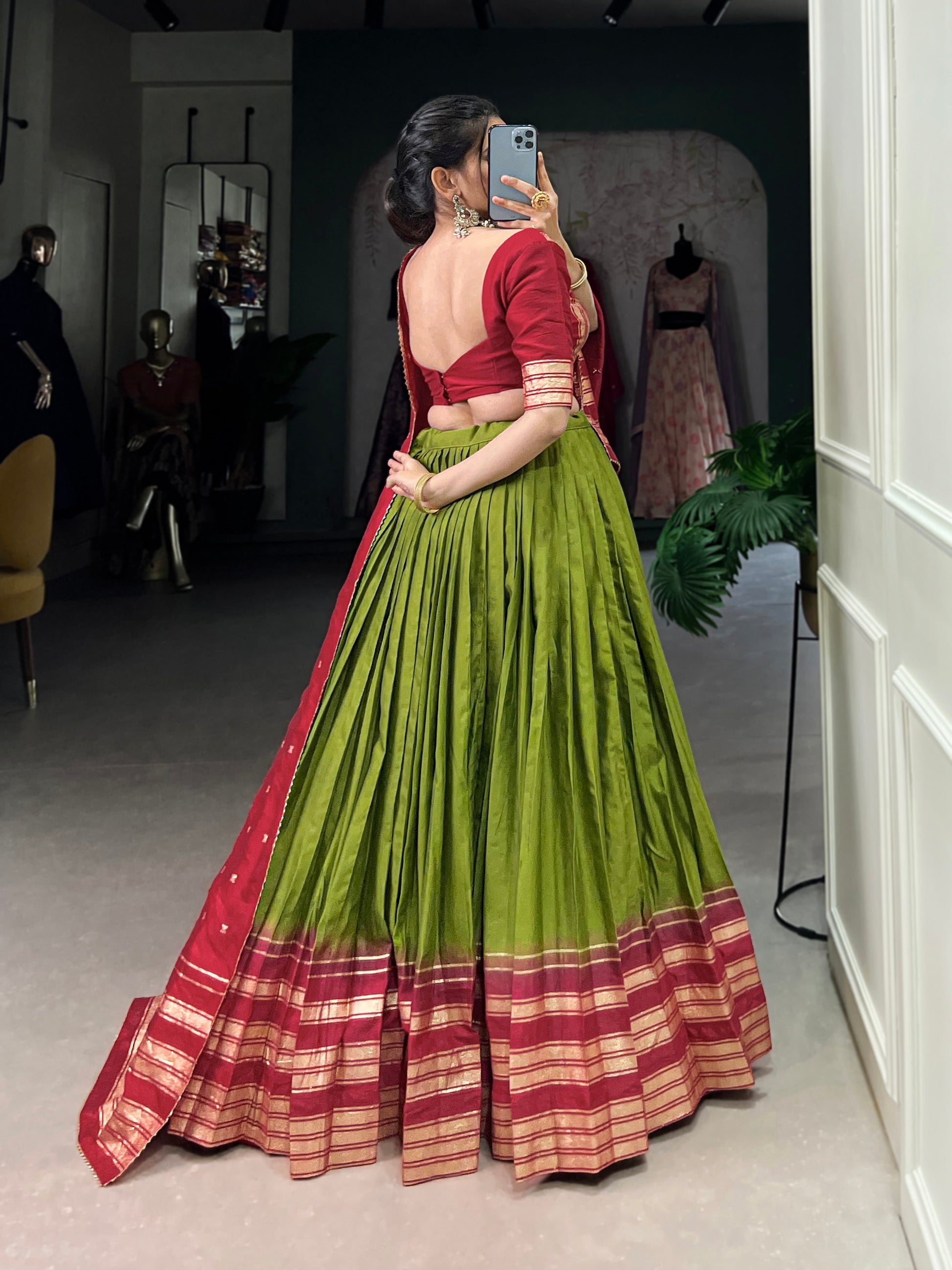 Lorenvalley Mehendi Pure Chanderi Plain With Zari Weaving Work Border Lehenga Choli