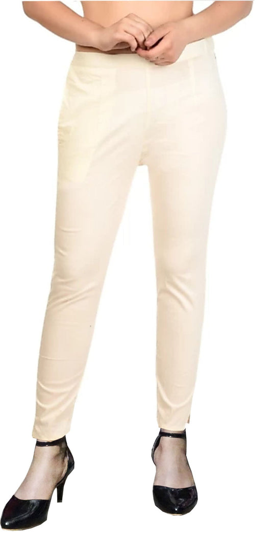 PAVONINE Off White Color Stretchable Cotton Lycra Fabric Pencil Pant For Women
