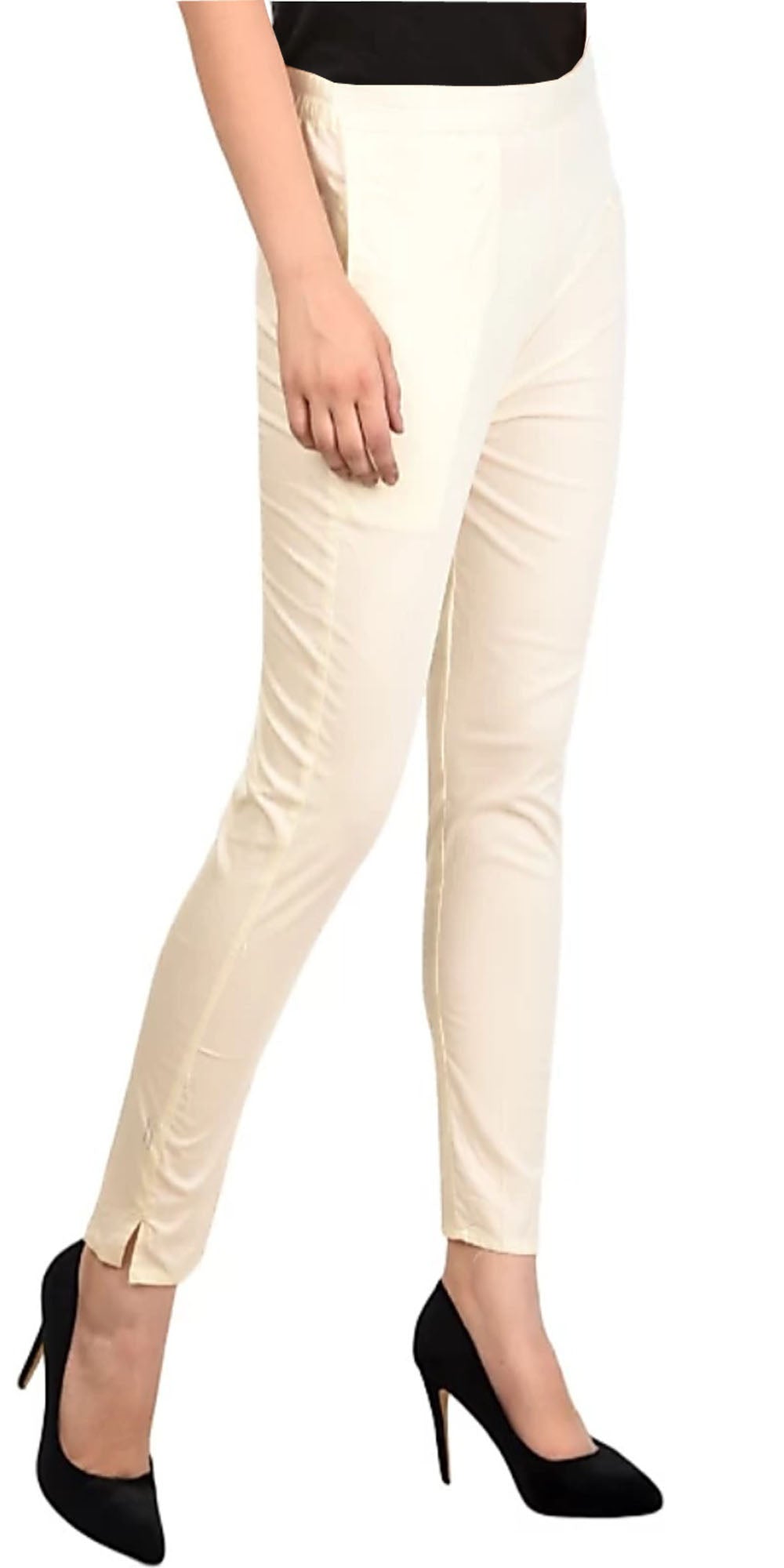 PAVONINE Off White Color Stretchable Cotton Lycra Fabric Pencil Pant For Women