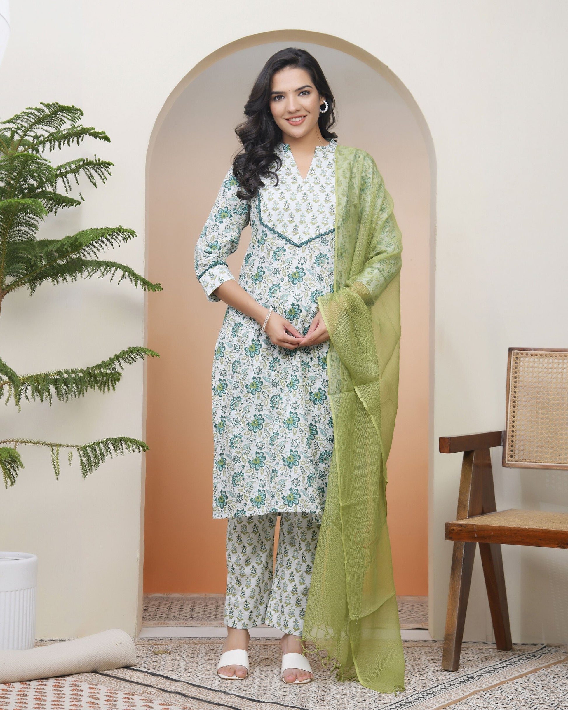 Vaasva Women White Cotton Kurta With Cotton Pant & Dupatta 