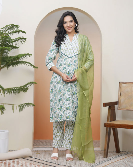 Vaasva Women White Cotton Kurta With Cotton Pant & Dupatta 