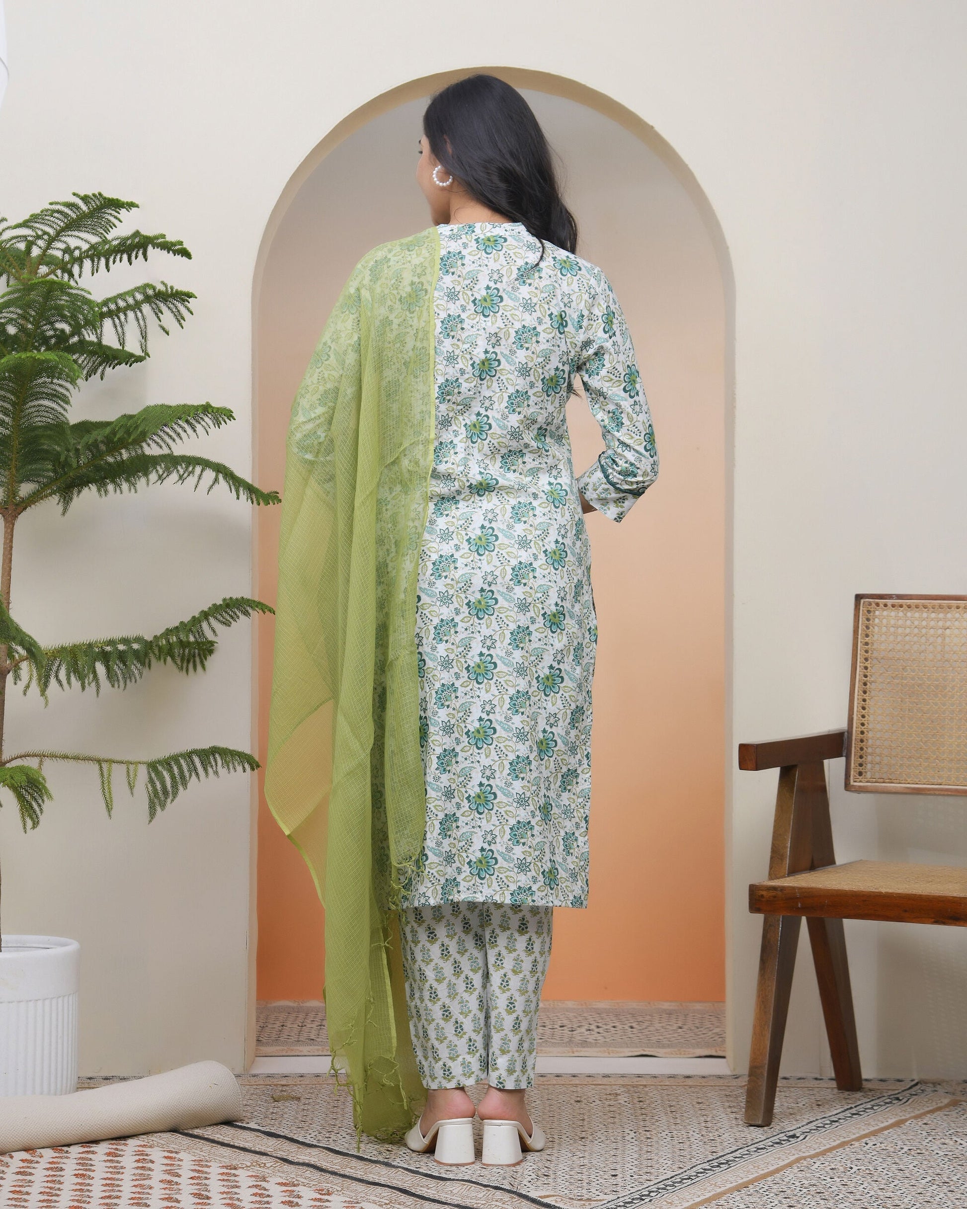Vaasva Women White Cotton Kurta With Cotton Pant & Dupatta 