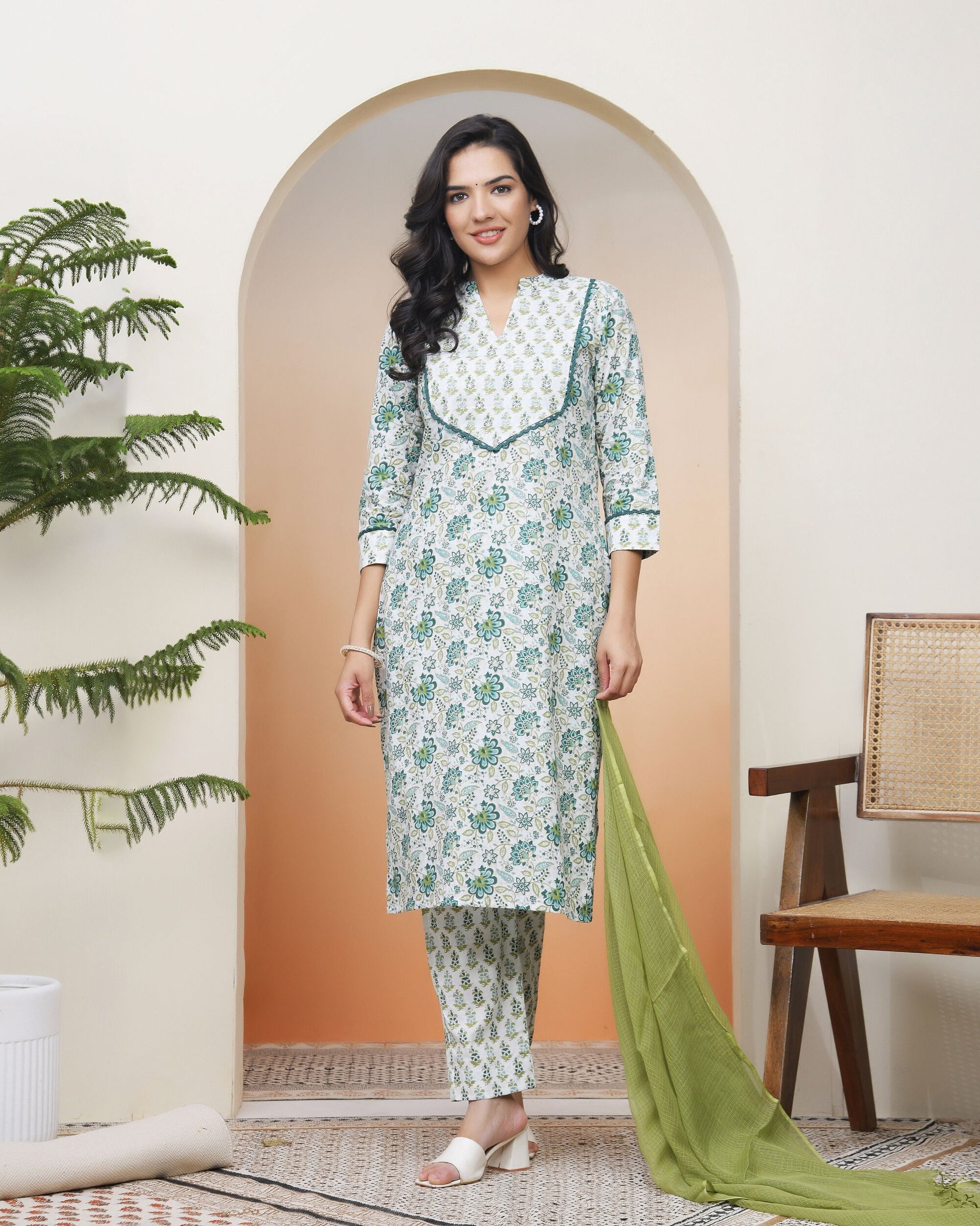 Vaasva Women White Cotton Kurta With Cotton Pant & Dupatta 