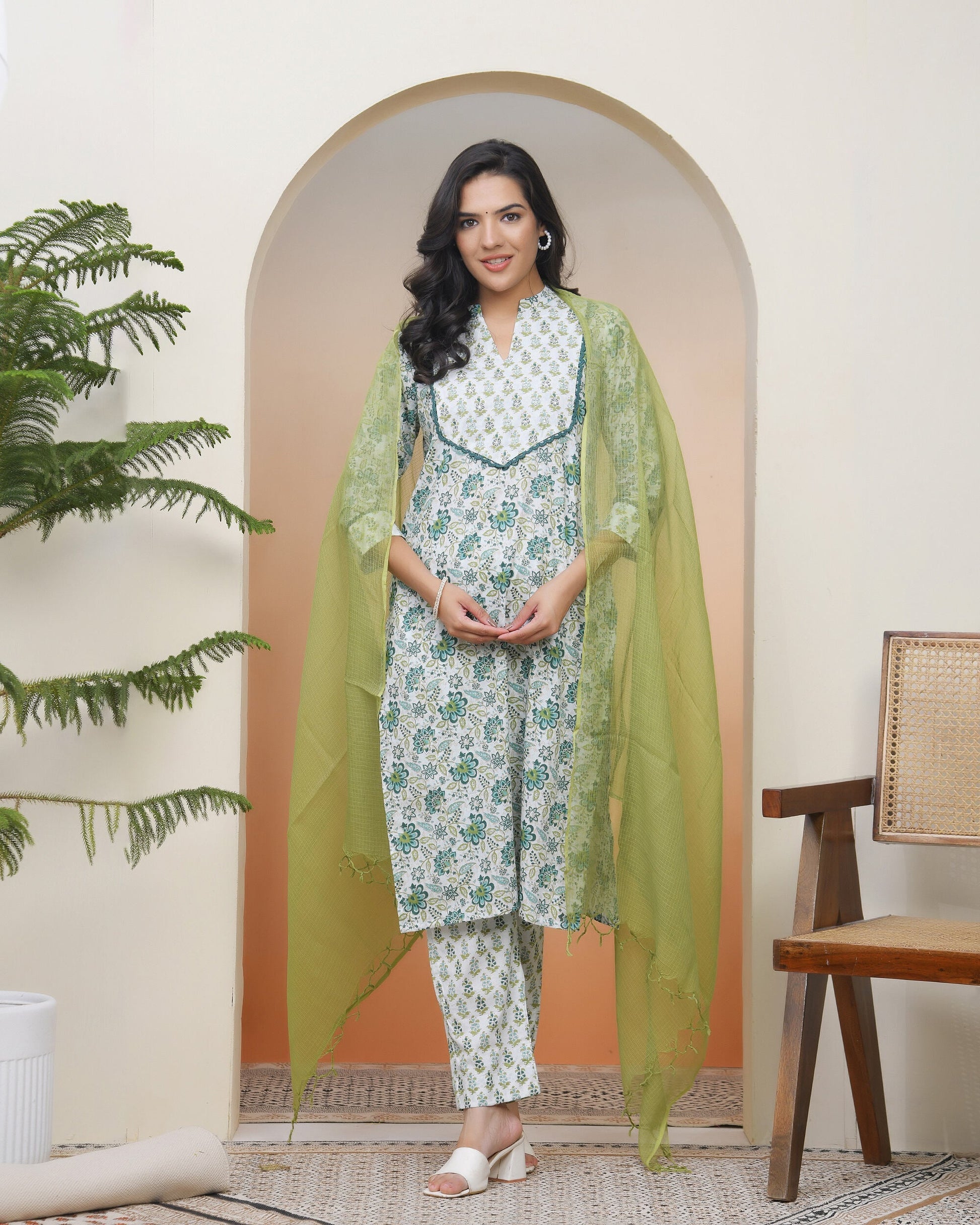 Vaasva Women White Cotton Kurta With Cotton Pant & Dupatta 