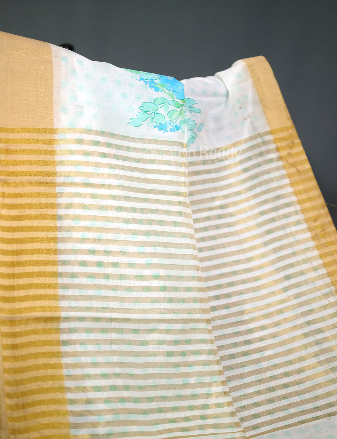 Shades of Milk White And Sky Blue Colour Floral Design Chanderi Printed Grab2Buy By Gayathri Reddy Designer Studio 