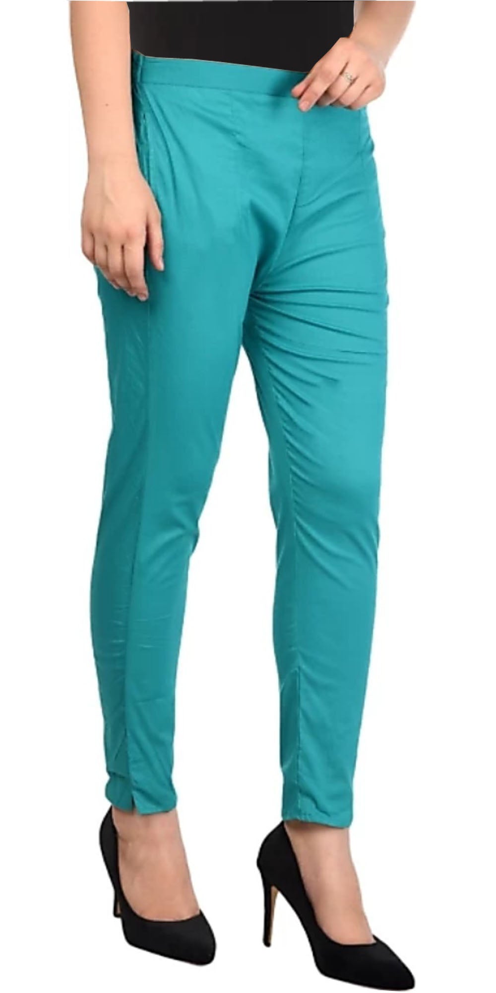 PAVONINE Rama Green Color Stretchable Cotton Lycra Fabric Pencil Pant For Women