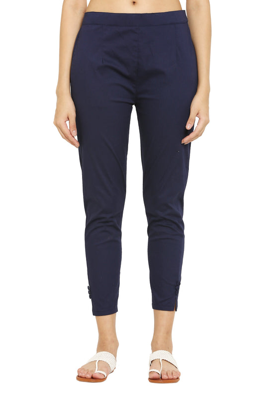 PAVONINE Navy Blue Color Stretchable Cotton Lycra Fabric Pencil Pant For Women