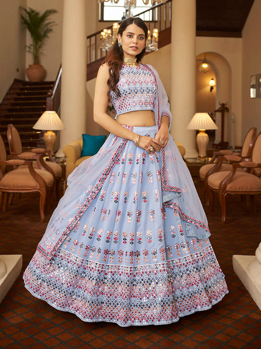 Myra Sky Blue Georgette Embroidered Designer Lehenga