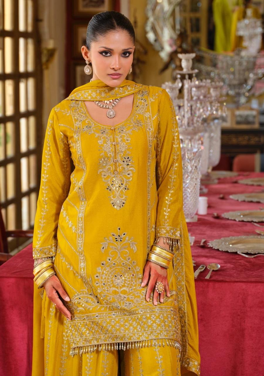 Anaita Yellow Chinon Stitched Suit With Embroidery Work