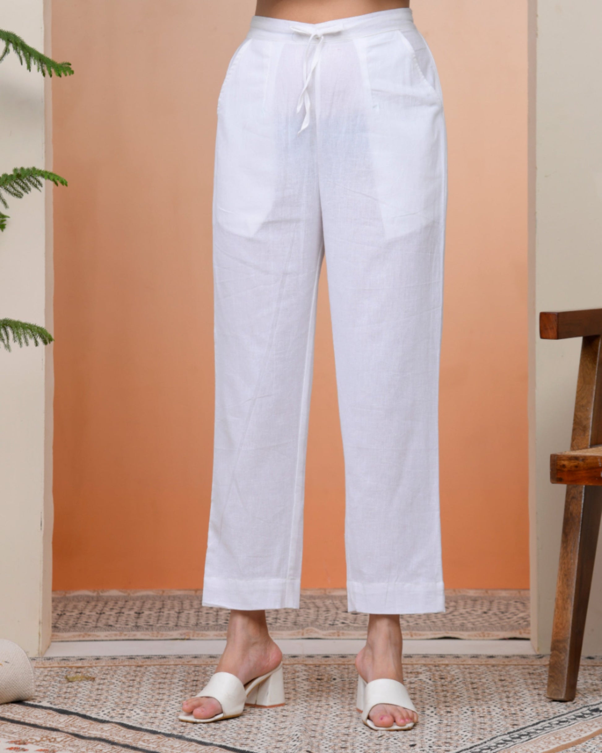 Vaasva Women Whitel Cotton Flax Solid Straight Pants 