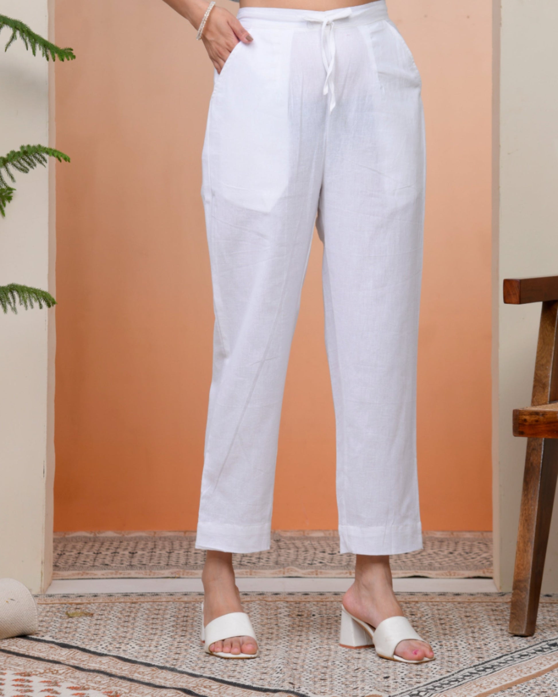 Vaasva Women Whitel Cotton Flax Solid Straight Pants 