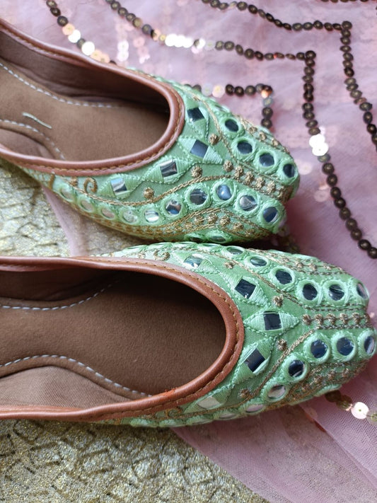Desi Colour Women Indian Ethnic Footwear-Sea Green Embroidery