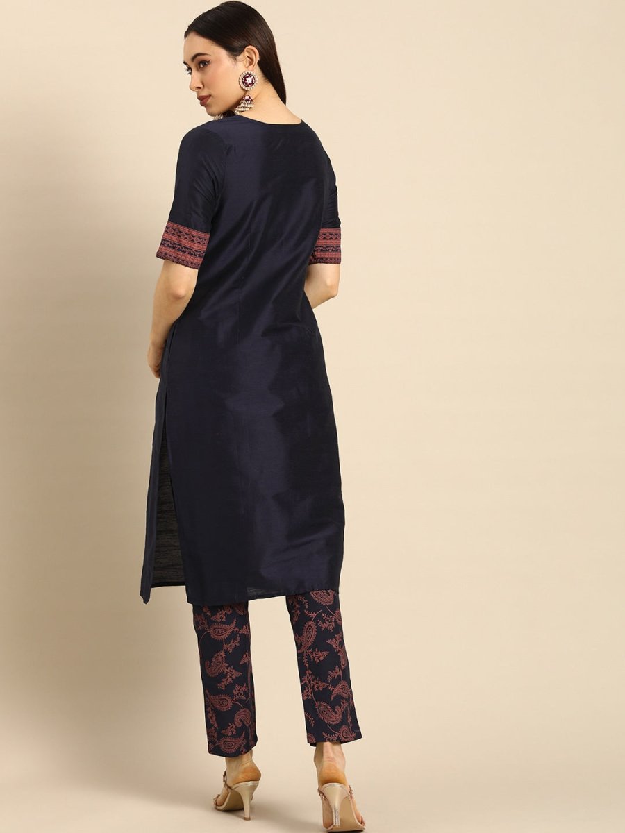 All About You Women Navy Blue Ethnic Motifs Printed Regular Kurta with Printed Trousers