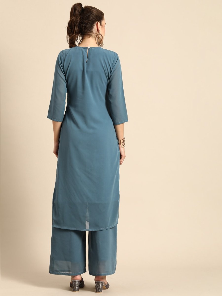 All About You Women Grey Ethnic Motifs Embroidered Regular Chikankari Kurta with Palazzos 