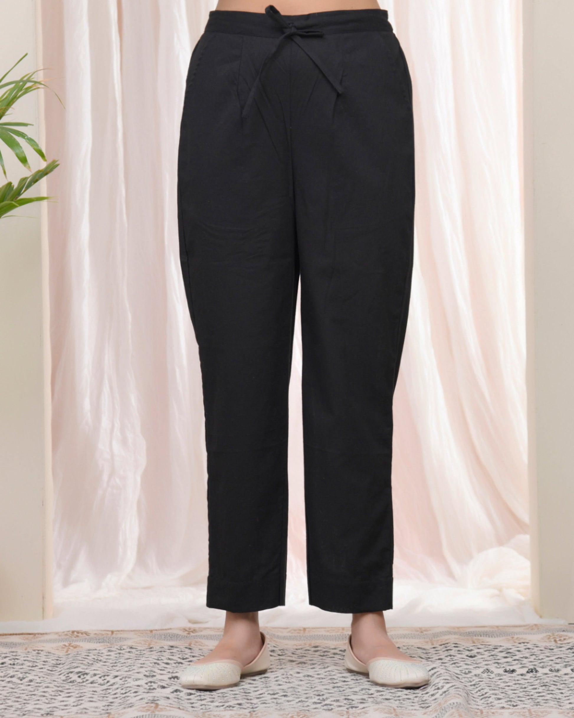 Vaasva Women Black Cotton Flax Solid Straight Pants 