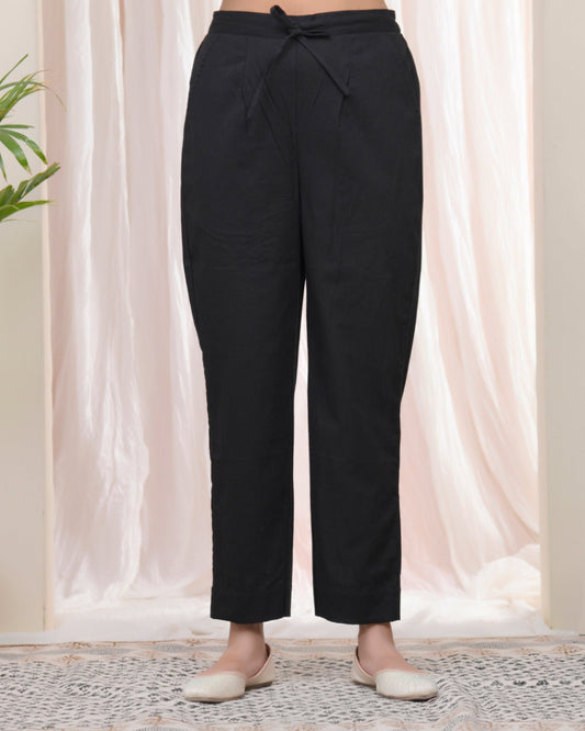 Vaasva Women Black Cotton Flax Solid Straight Pants 