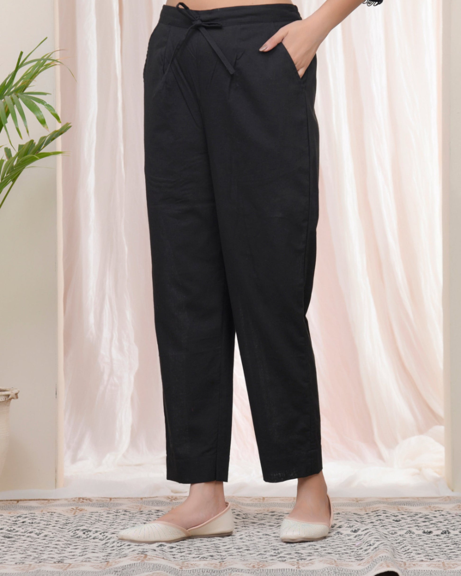 Vaasva Women Black Cotton Flax Solid Straight Pants 