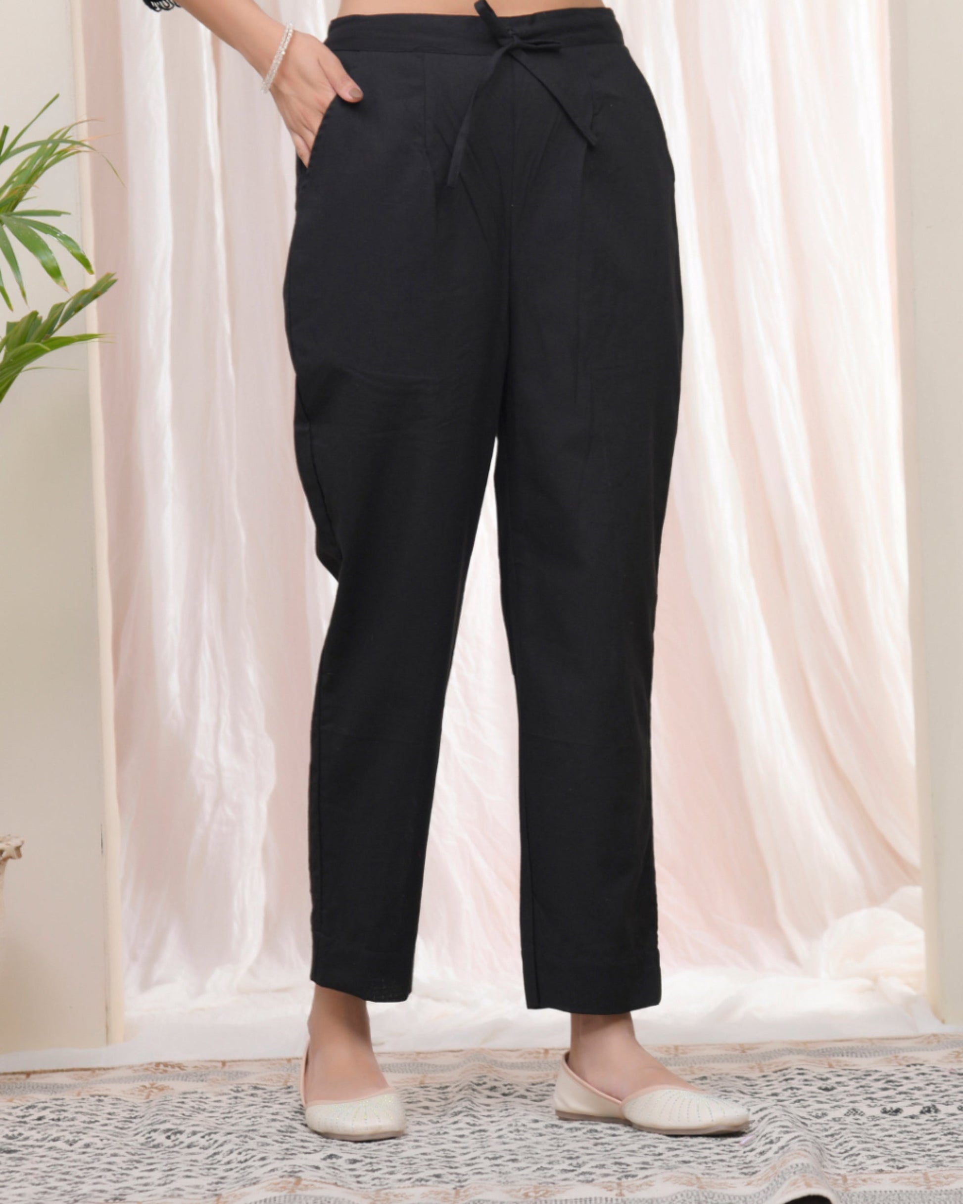 Vaasva Women Black Cotton Flax Solid Straight Pants 