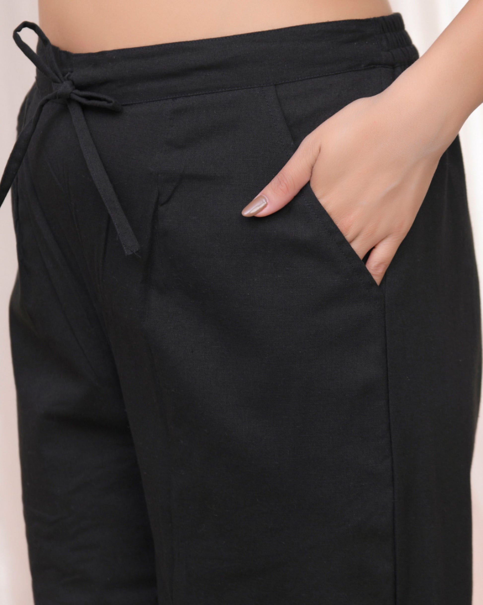 Vaasva Women Black Cotton Flax Solid Straight Pants 
