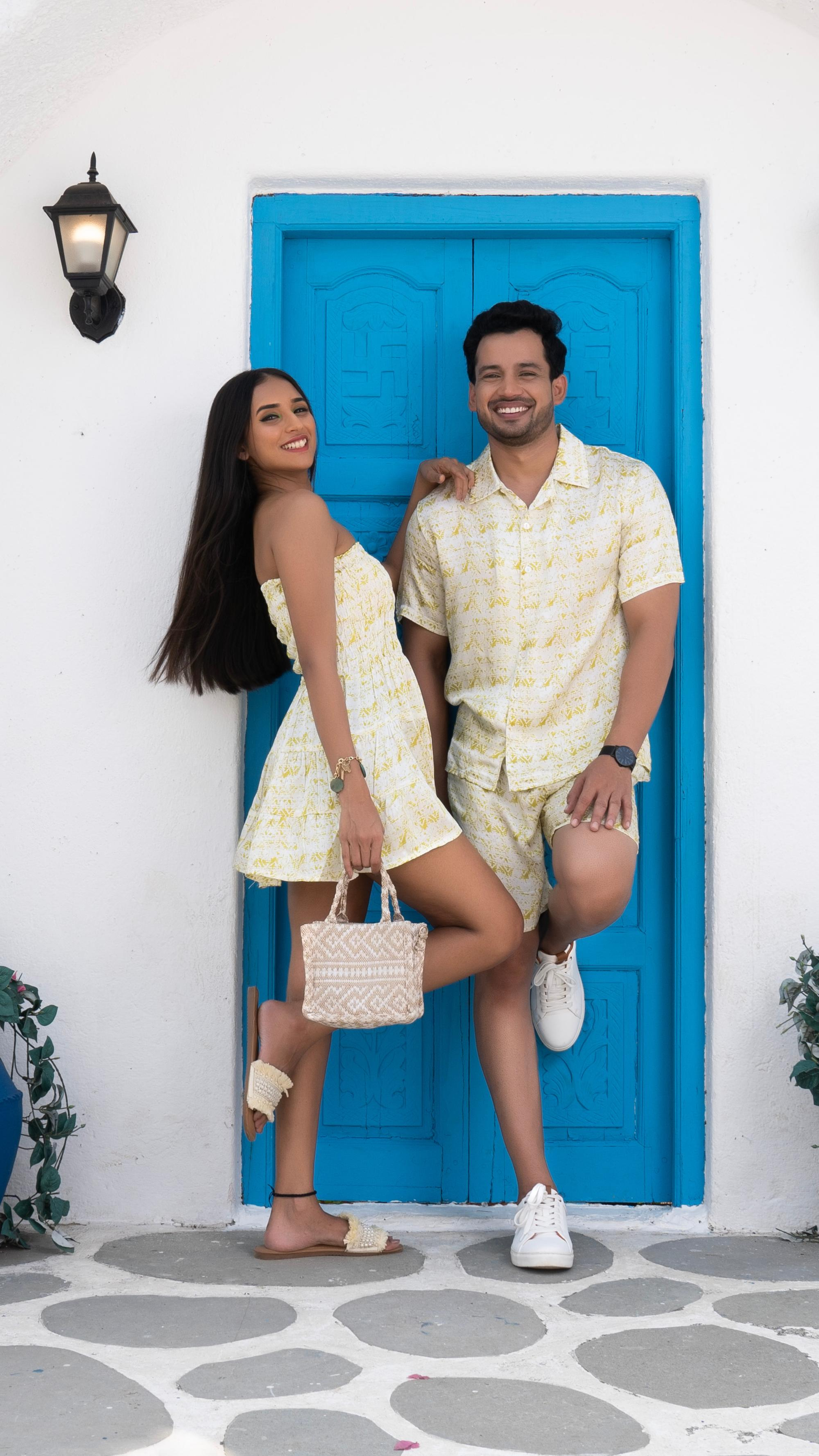 Noroke Cotton Satin White Chartreuse Couple Co-ord Set 