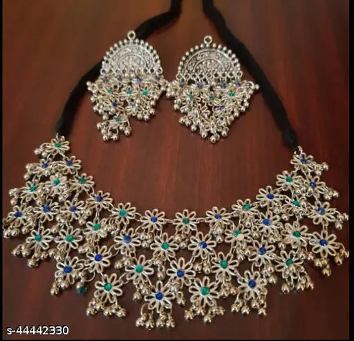 Tehzeeb Creations Women's Silver Colour Oxidised Necklace And Earring With Multi Beads Tehzeeb Creations