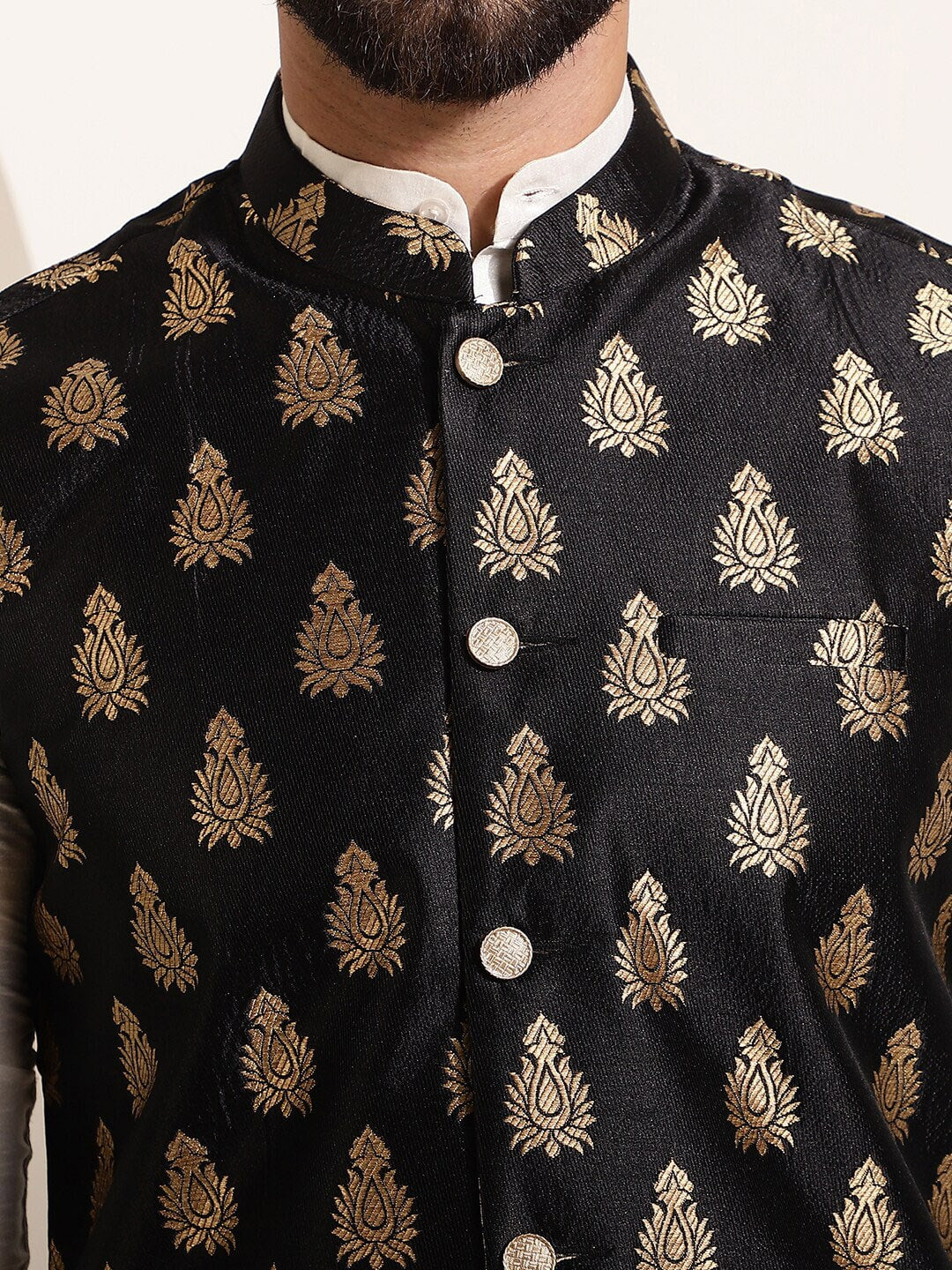 Sojanya Band Collar Straight Kurta & Churidar with Nehru jacket 