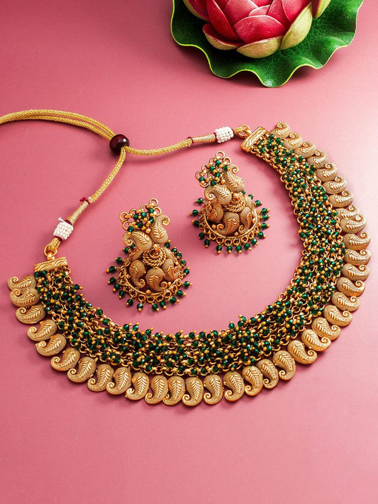 Aadita Gold-Plated Green Pearls Beaded Choker Jewellery Set - Grab2buy