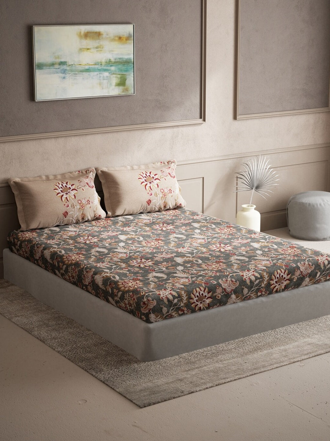 DDecor Grey & Maroon Ethnic Motifs 140 TC Cotton Queen Bedsheet with 2 Pillow Covers 