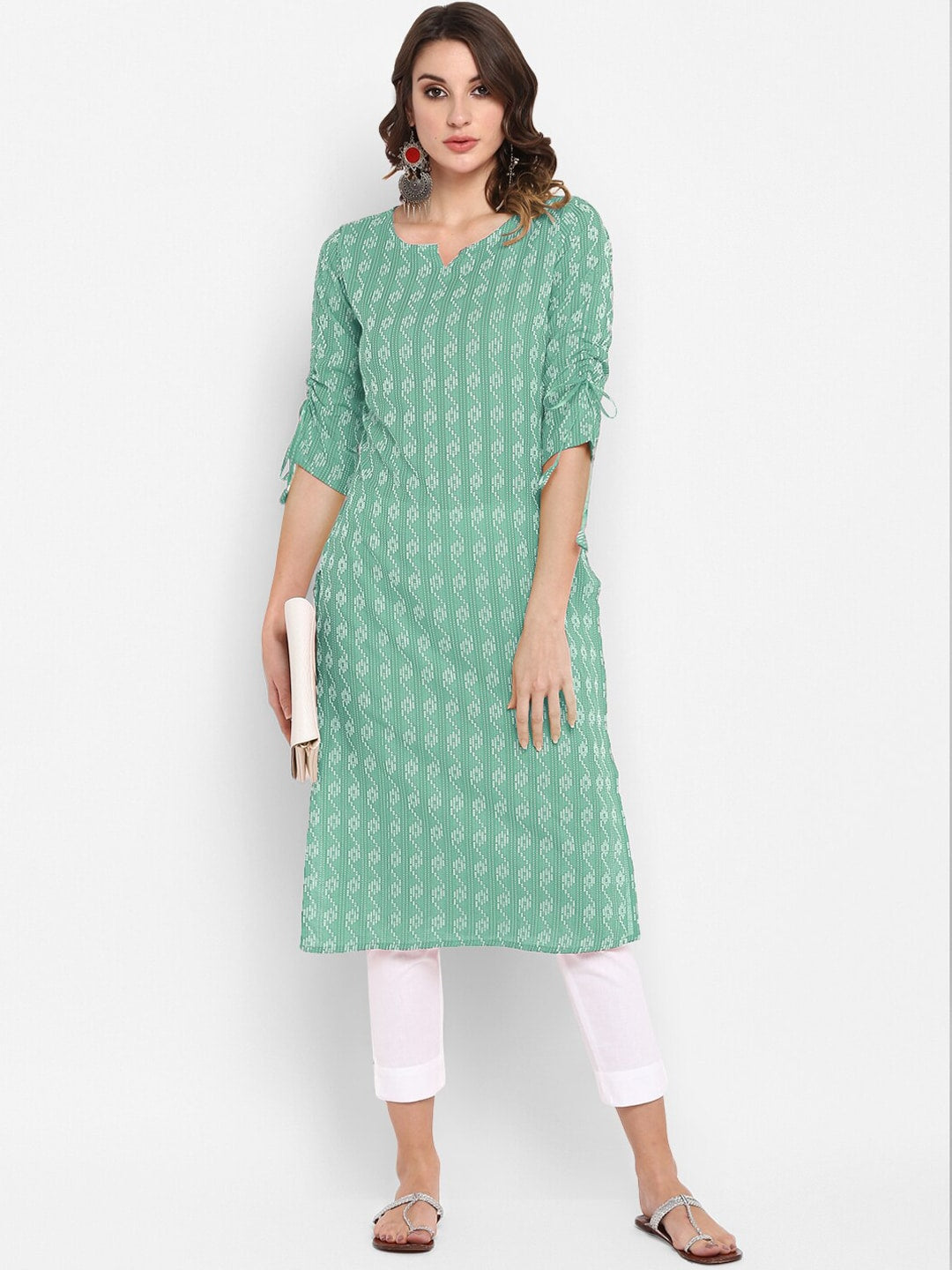 Janasya Women Green Geometric Printed Cotton Kurta