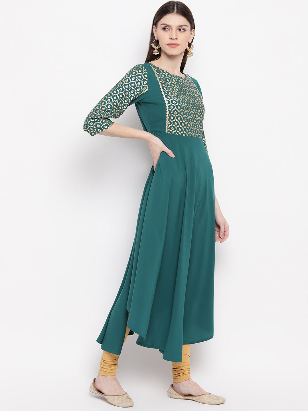 Janasya Women Teal Ethnic Motifs Yoke Design Crepe Anarkali Kurta
