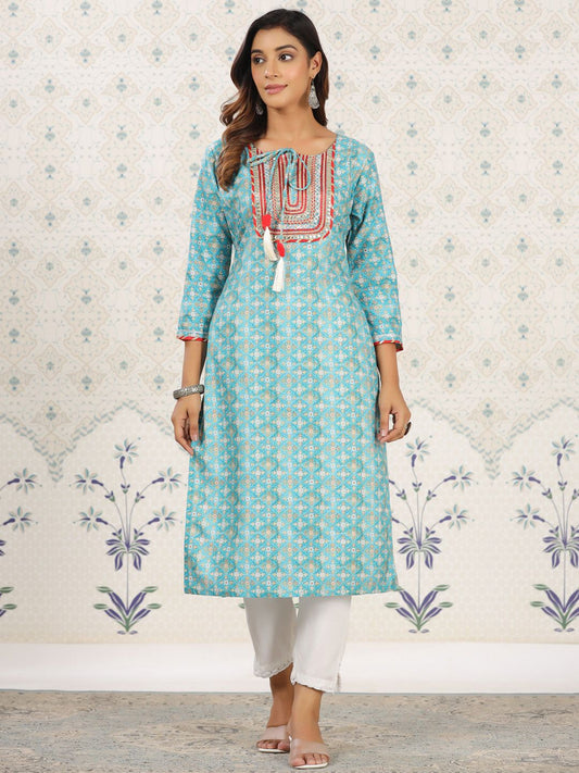 Ode by House of Pataudi Sea Green Ethnic Printed Tie-Up Neck Gotta Patti Straight Kurta | Grab2Buy